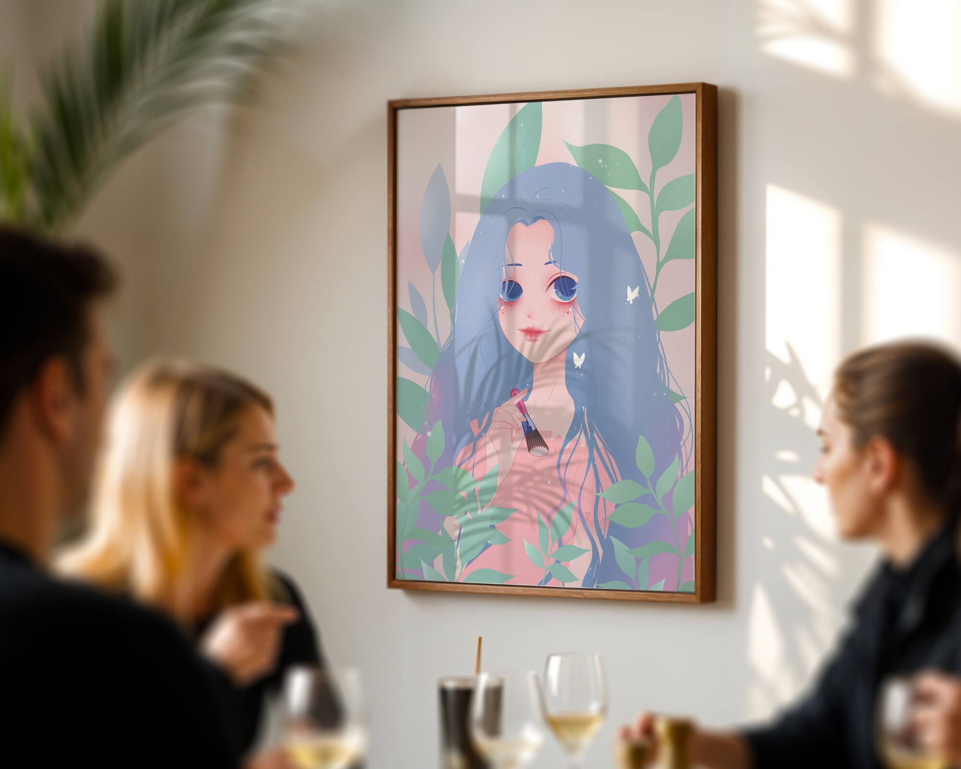 Illustration of a blue-haired girl surrounded by greenery