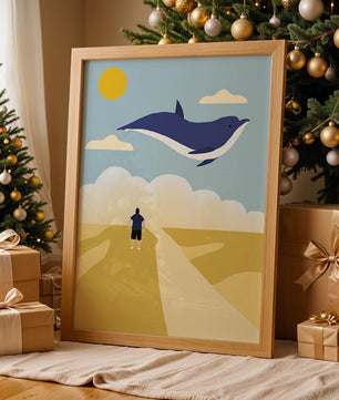 Surreal Landscape with Flying Blue Whale and Human on Desert Path