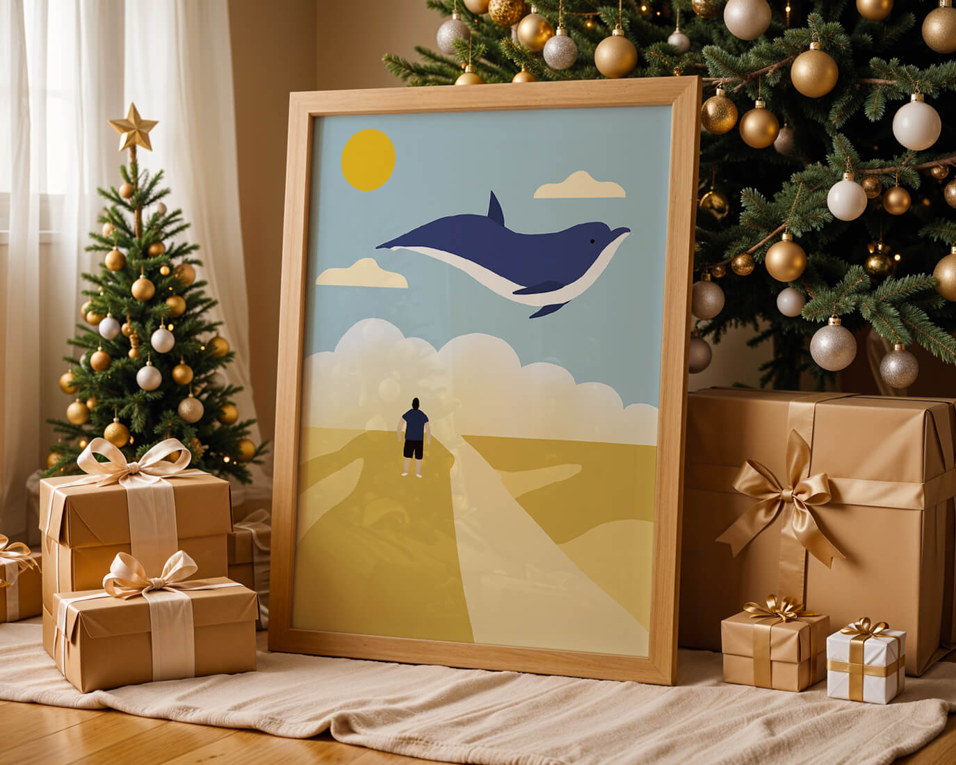 Paisaje surrealista con ballena azul voladora y humano en camino desértico