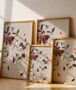 Elegant nature illustration featuring butterflies and birds on a branch