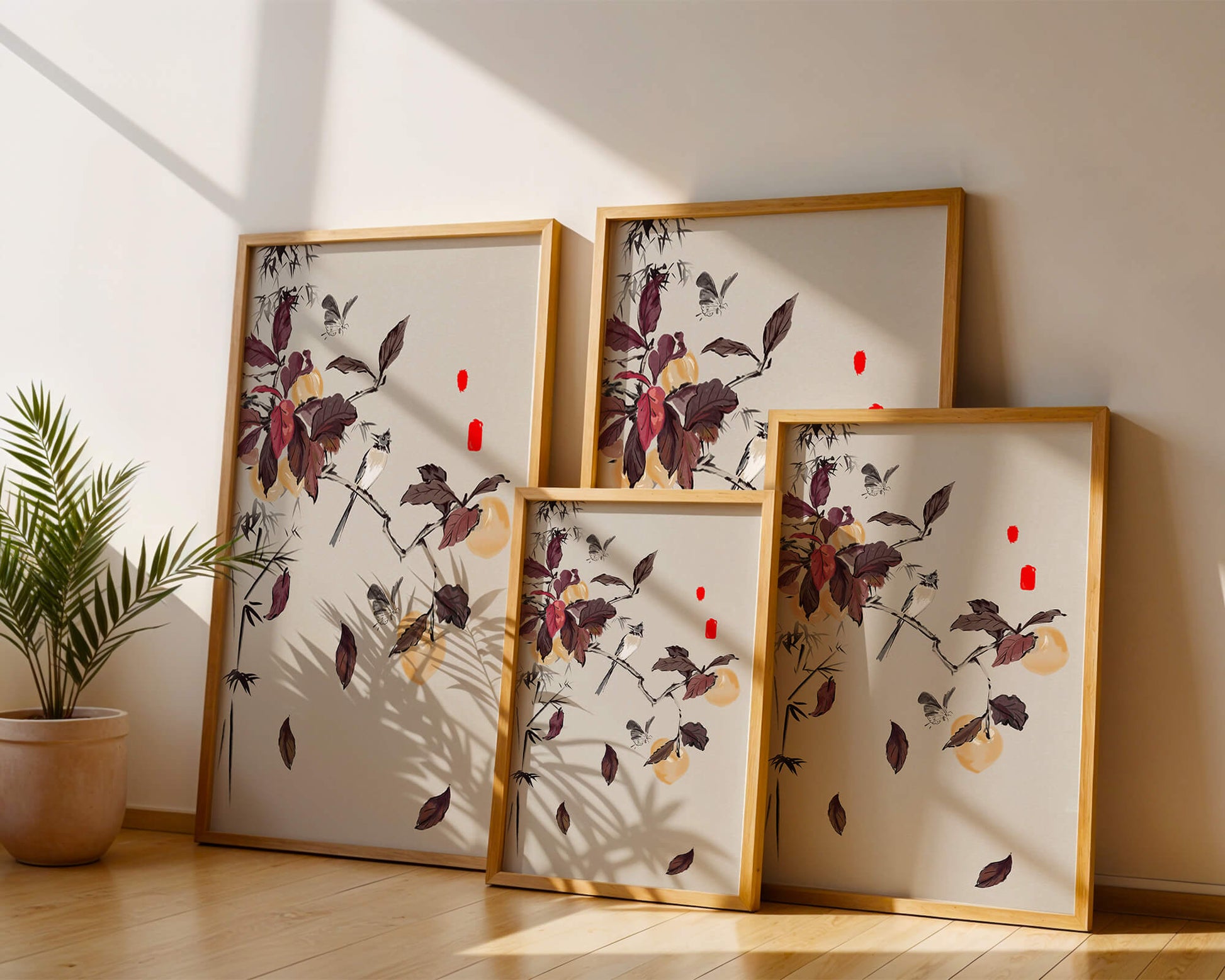 Elegant nature illustration featuring butterflies and birds on a branch