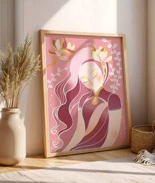 Elegant floral-themed female portrait with golden accents
