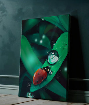 Ladybug on a Leaf with Dew Drops in a Vibrant Nature Scene - Mi tienda