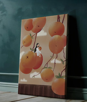 Whimsical illustration of girl with giant oranges and branches