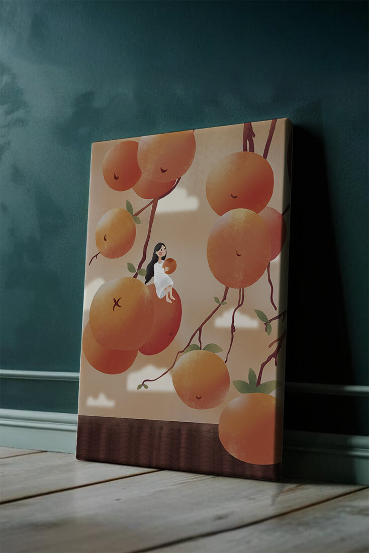 Whimsical illustration of girl with giant oranges and branches