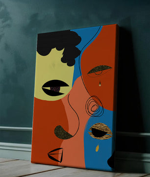 Abstract faces with vibrant colors and gold accents