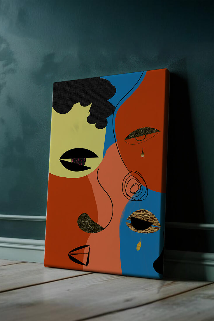 Abstract faces with vibrant colors and gold accents