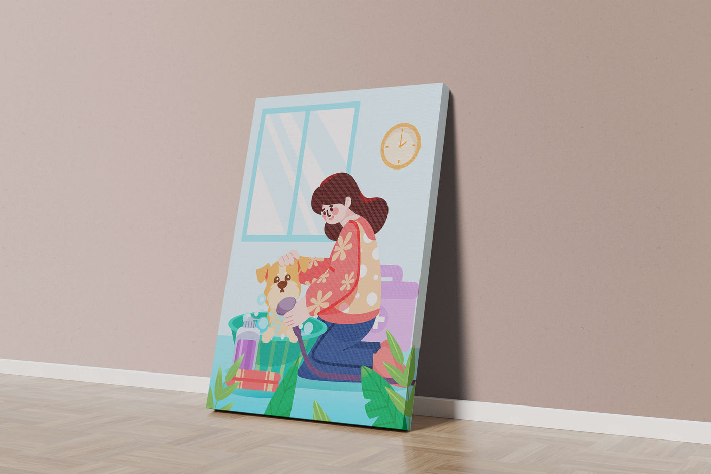 Woman giving a bath to a dog in a colorful bathroom setting