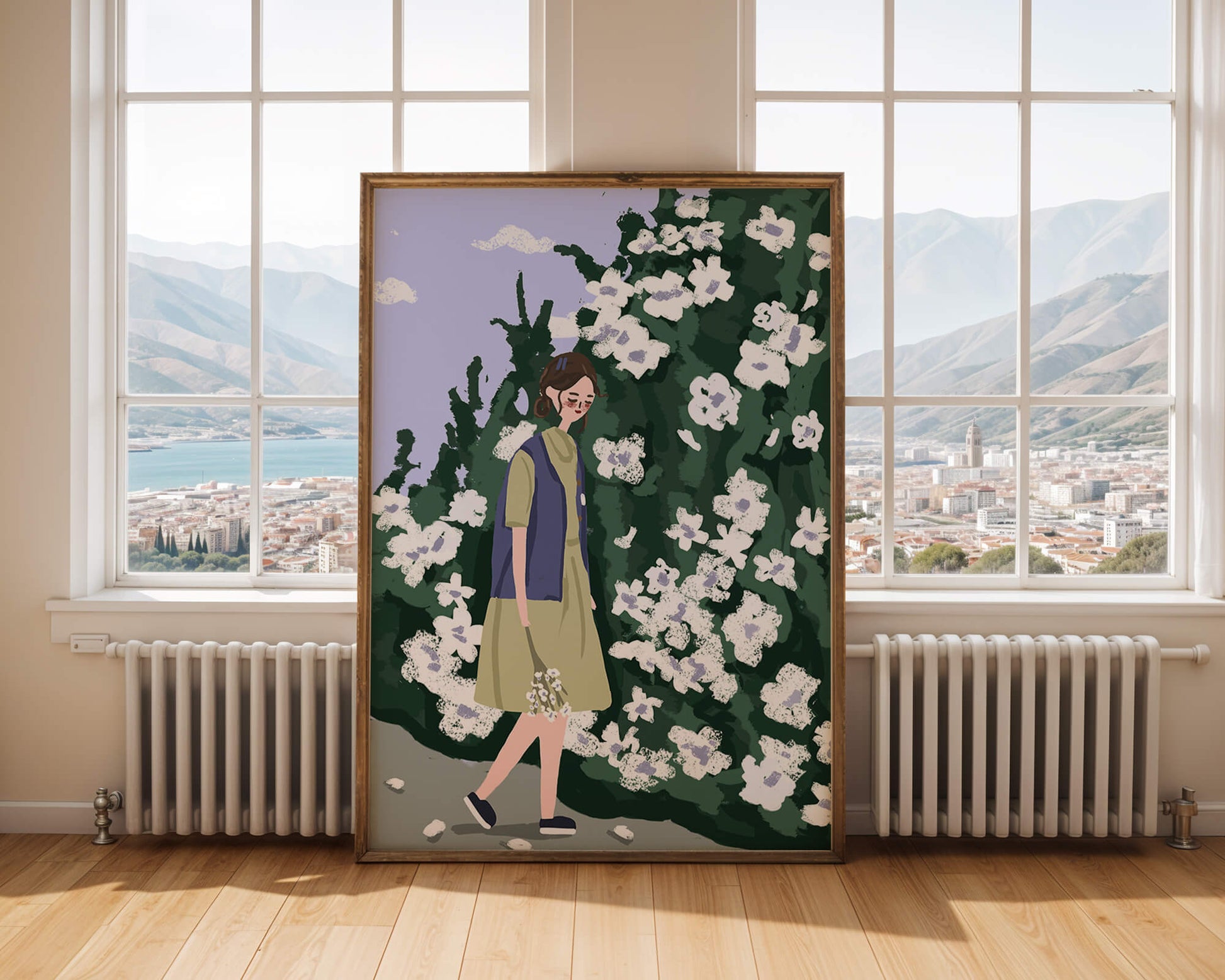 Woman walking by a lush white flower bush on a sunny day