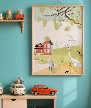 Tranquil rural landscape illustration with house, dog, and crane