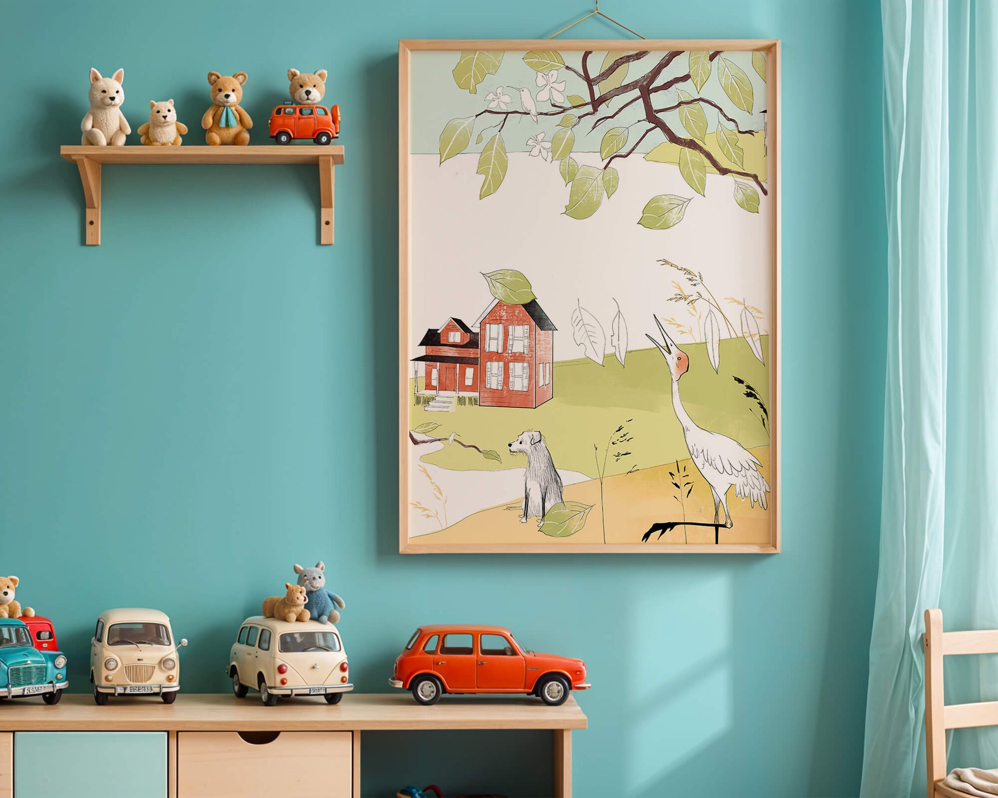 Tranquil rural landscape illustration with house, dog, and crane