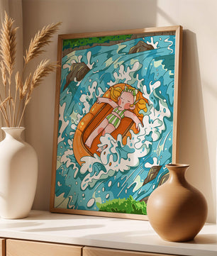 Adventurous raft ride down a vibrant cartoon river with character