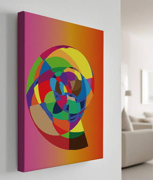 Vibrant abstract geometric shape with multicolored spiral on gradient background