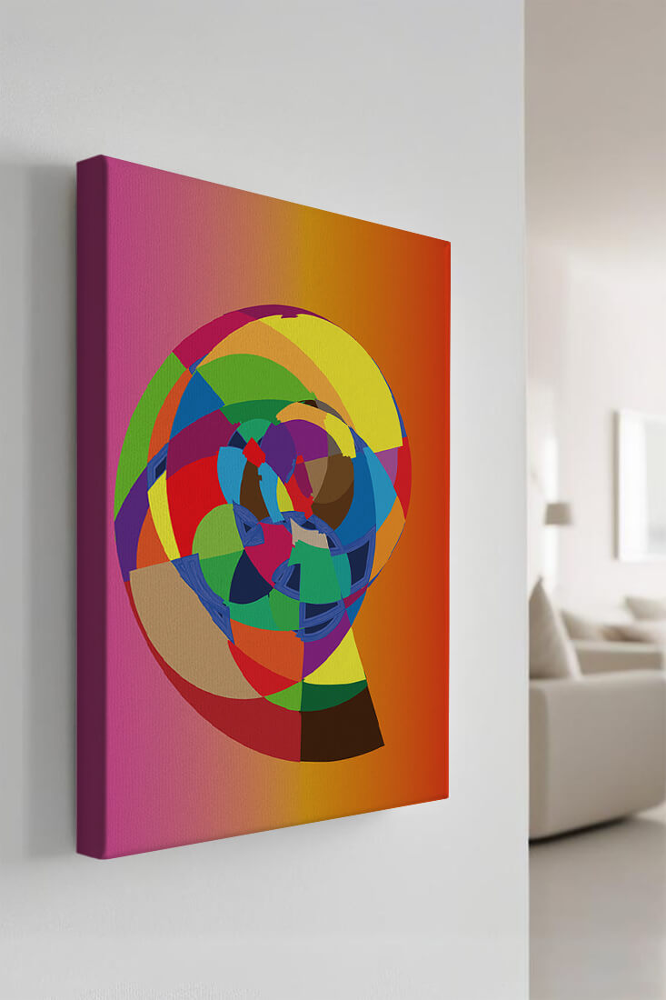 Vibrant abstract geometric shape with multicolored spiral on gradient background