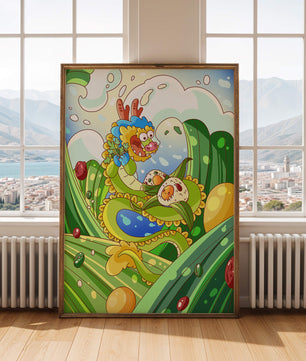 Dragon de dessin animé coloré avec des boulettes dans un paysage fantastique