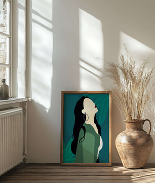 Stylized artwork of a woman with dark hair and earrings against a tropical leaf backdrop