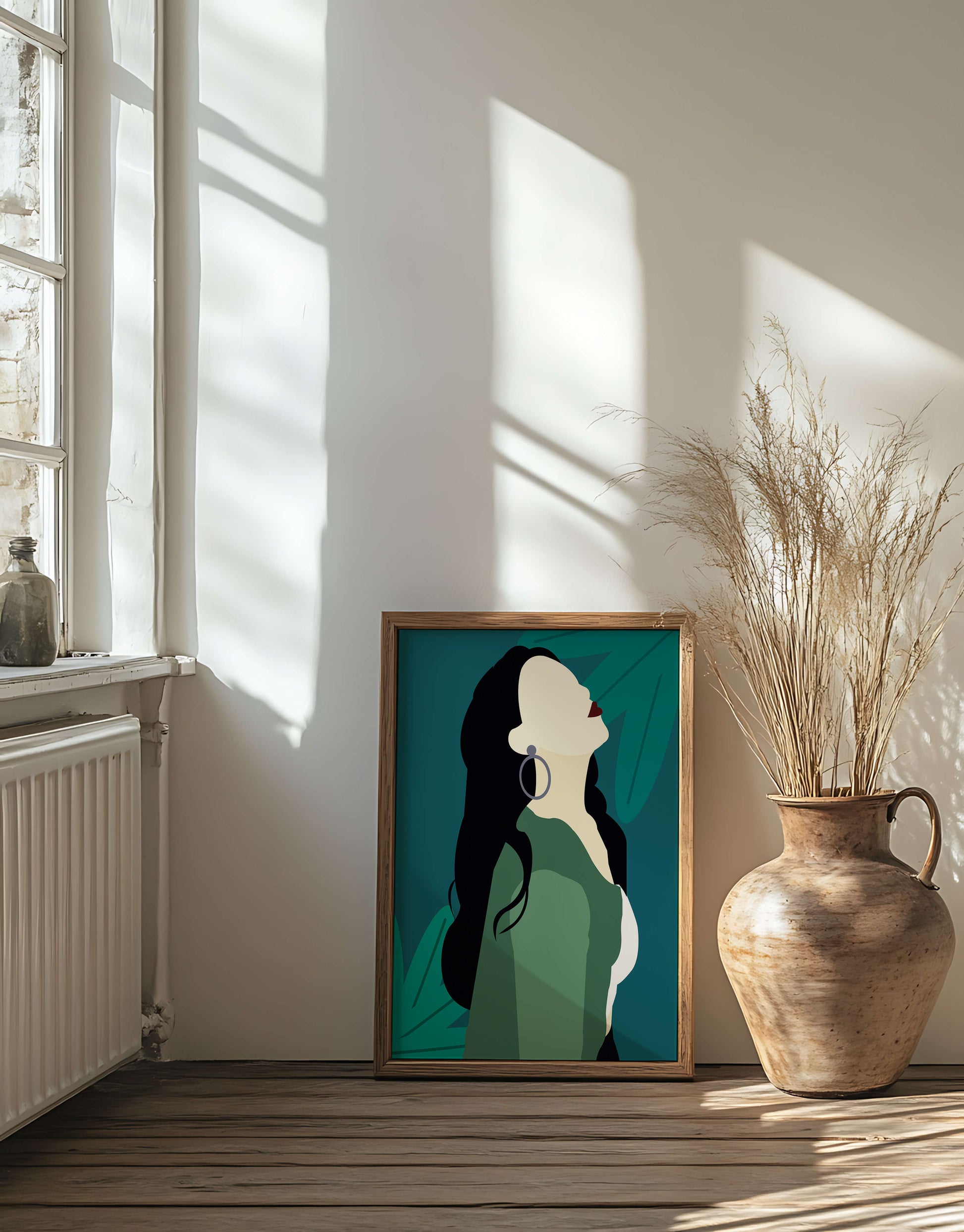 Stylized artwork of a woman with dark hair and earrings against a tropical leaf backdrop