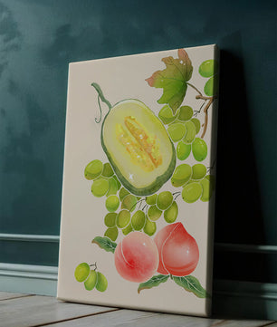 Ilustración de frutas vibrantes que incluye uvas, melón y duraznos