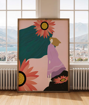 Stylized illustration of woman with vibrant floral elements