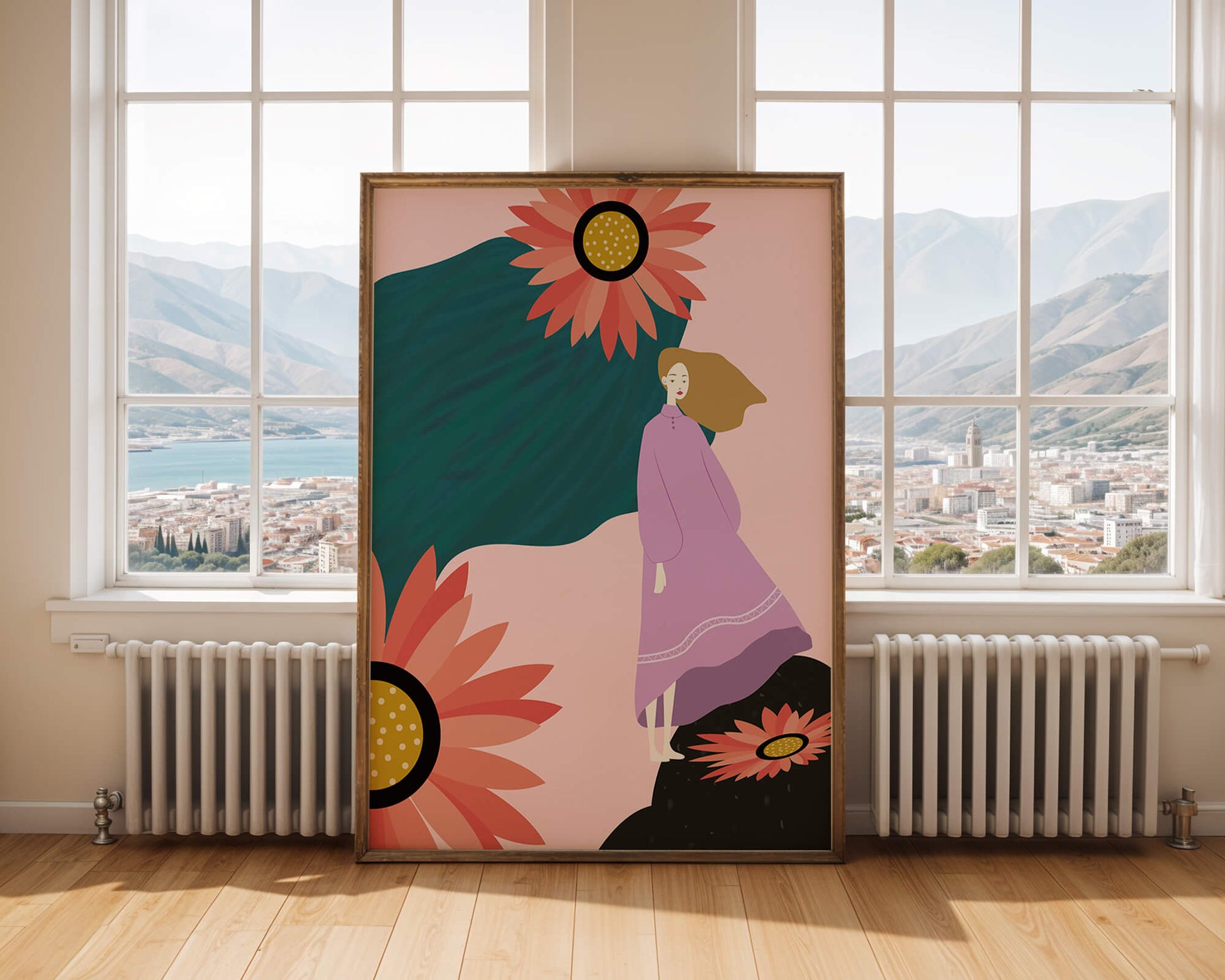 Stylized illustration of woman with vibrant floral elements