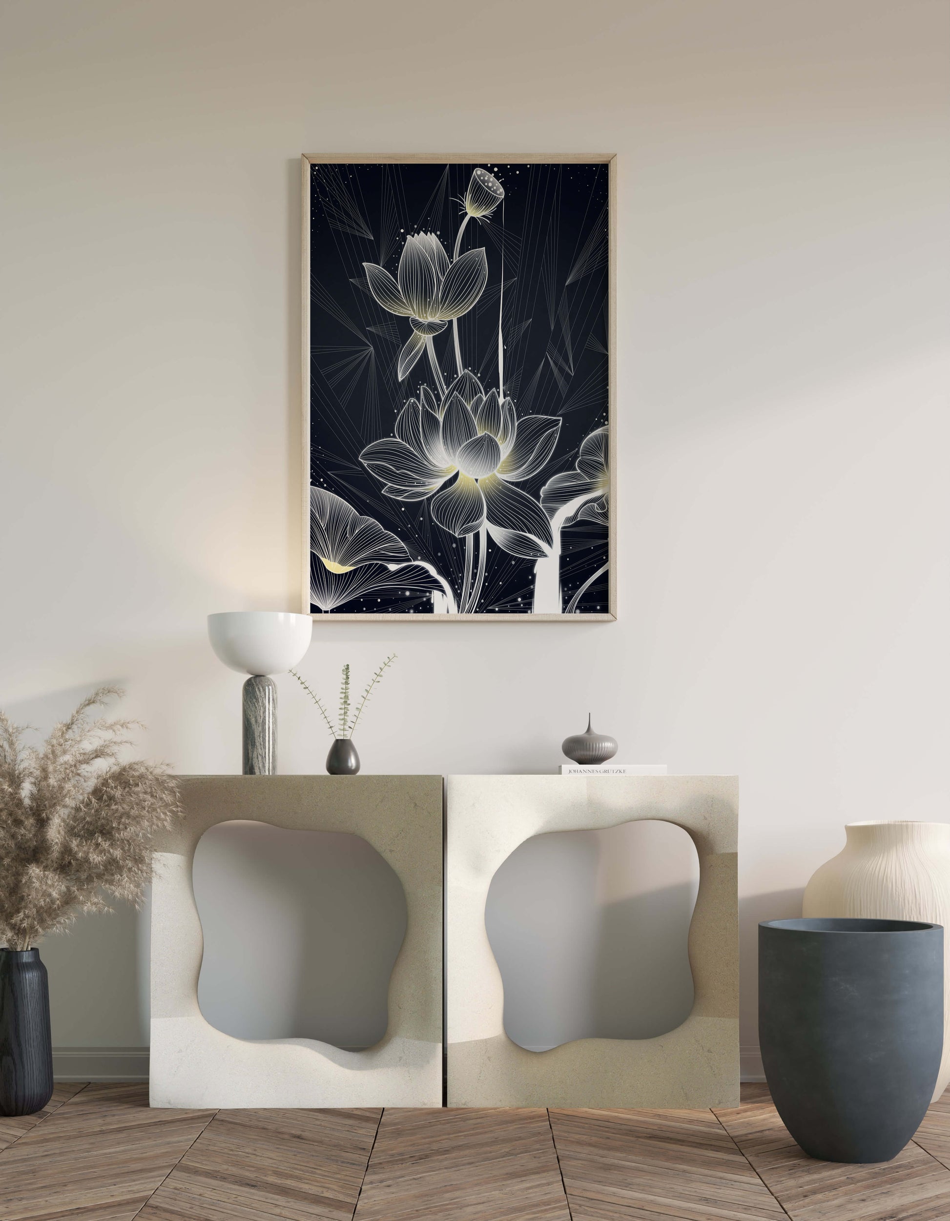Elegant Lotus Flower Illustration with Geometric Background