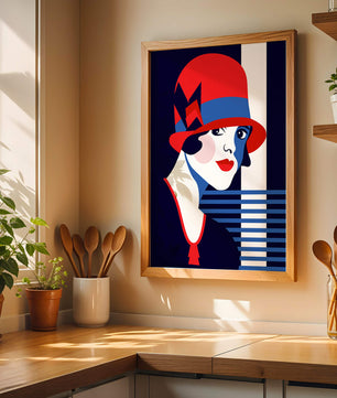 Femme élégante de style art déco avec chapeau cloche rouge et motifs géométriques