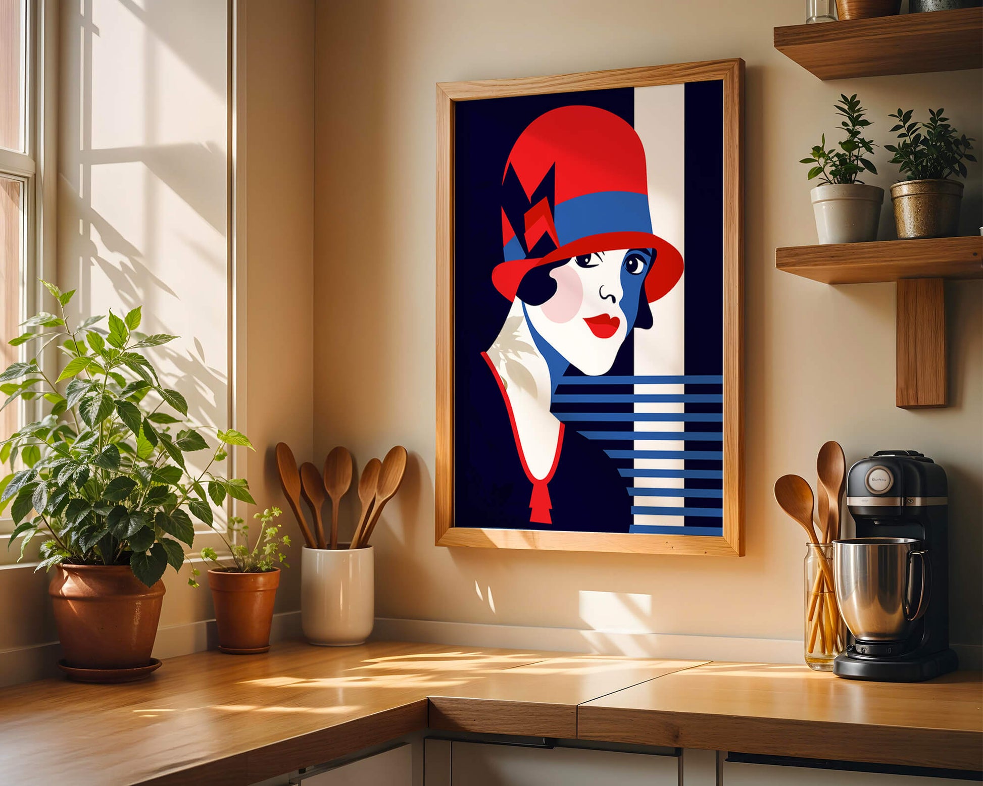 Elegante mujer de estilo art déco con sombrero cloche rojo y patrones geométricos.