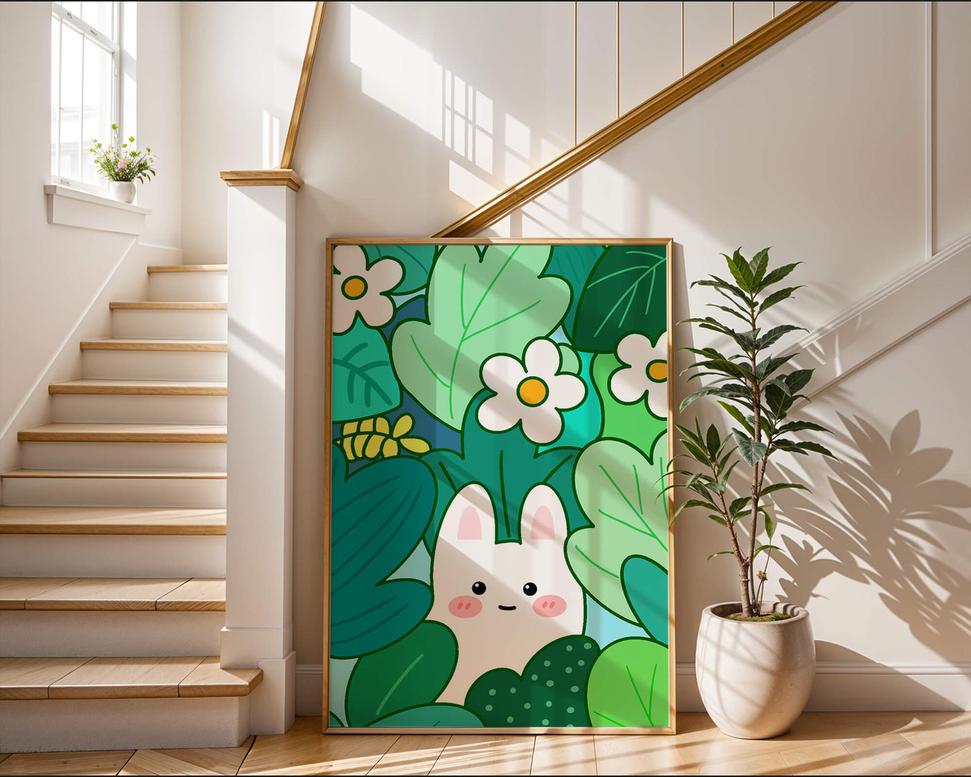 Illustration of a cute rabbit hidden among flowers and greenery