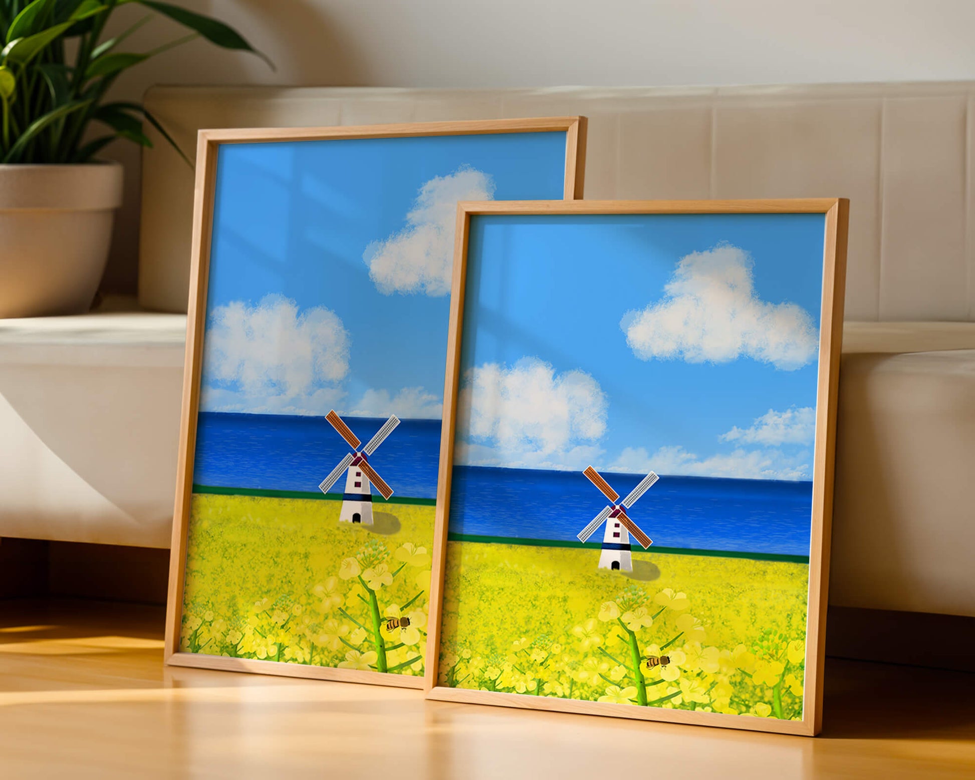 Scenic landscape with windmill in blooming field by the sea