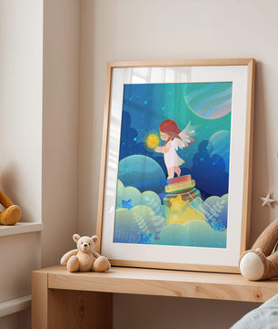 Enchanting angel collecting stars in a dreamy night sky