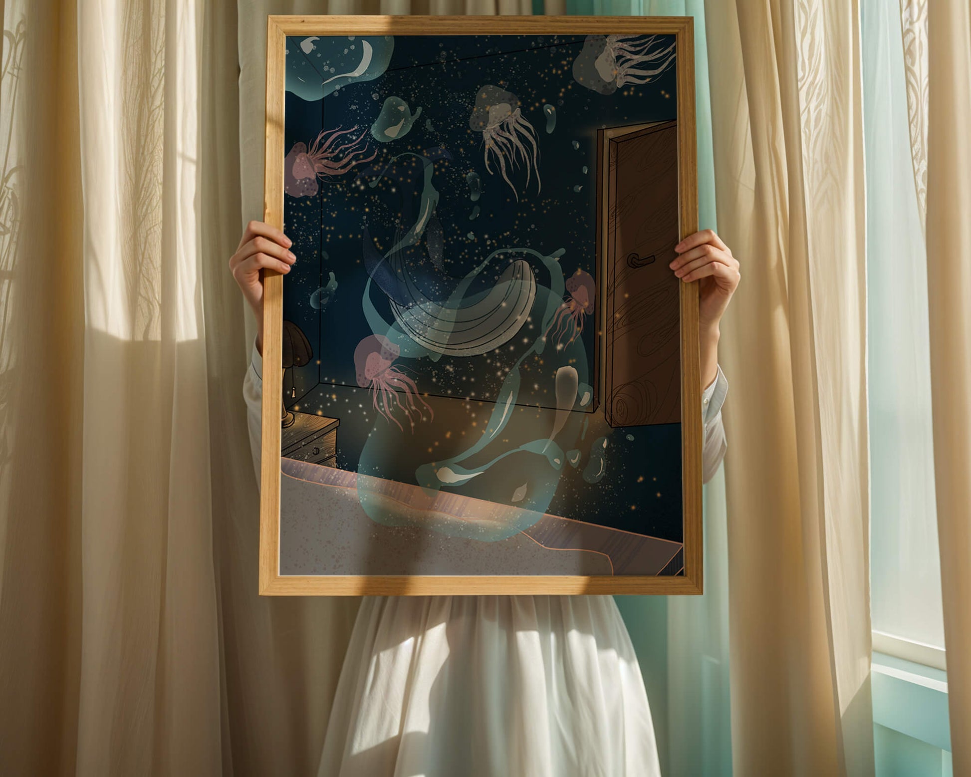 Underwater-themed room with jellyfish and a door