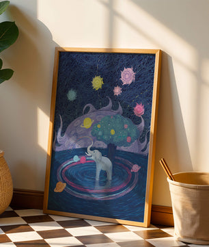 Éléphant fantastique avec arbre et fond cosmique