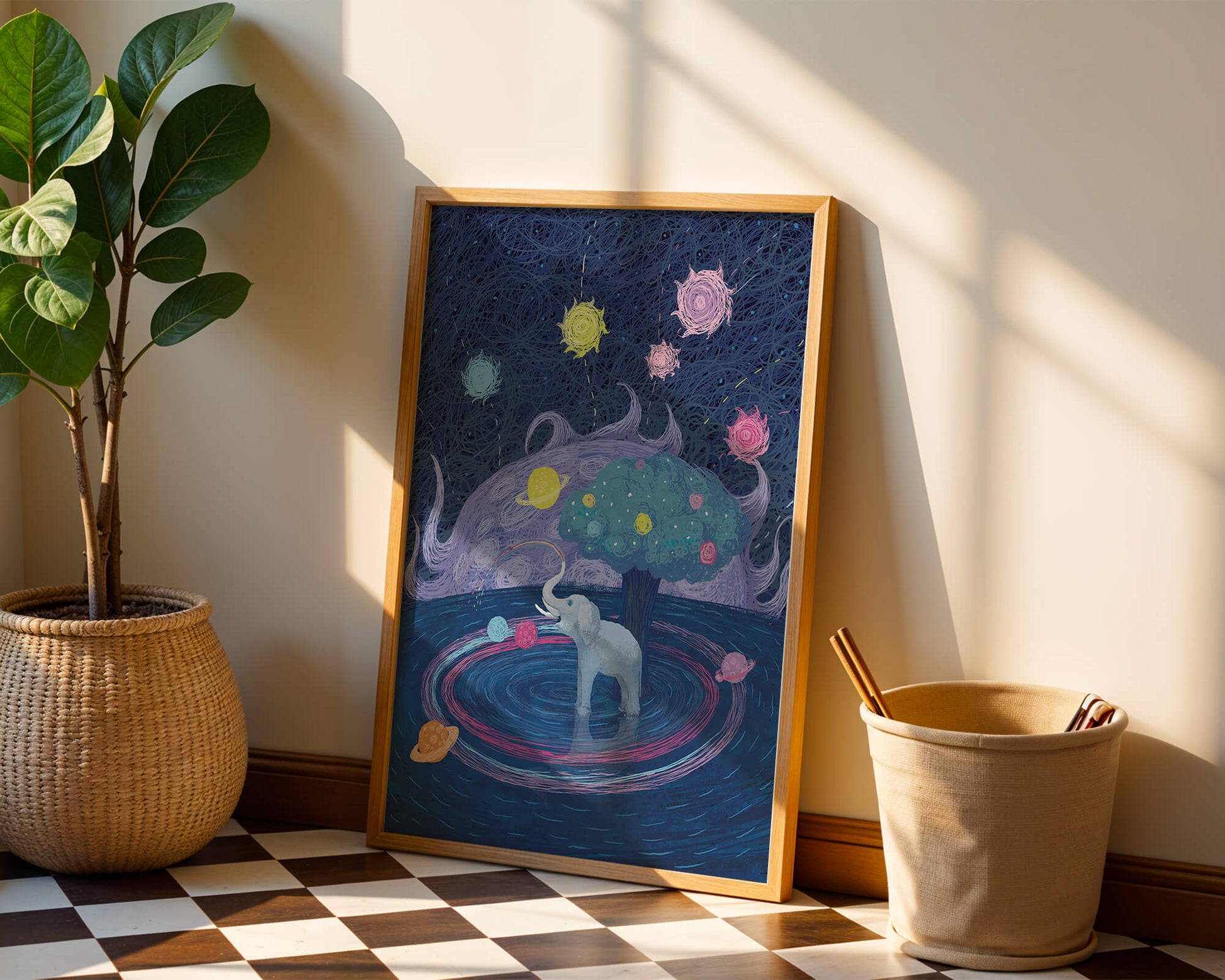 Éléphant fantastique avec arbre et fond cosmique