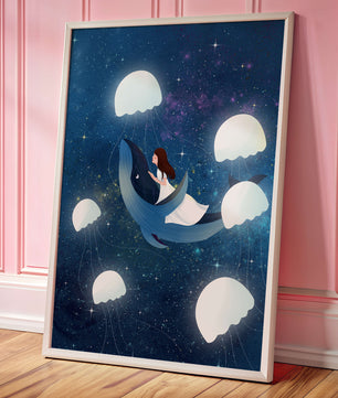 Dreamlike scene of a girl riding a whale among jellyfish in space