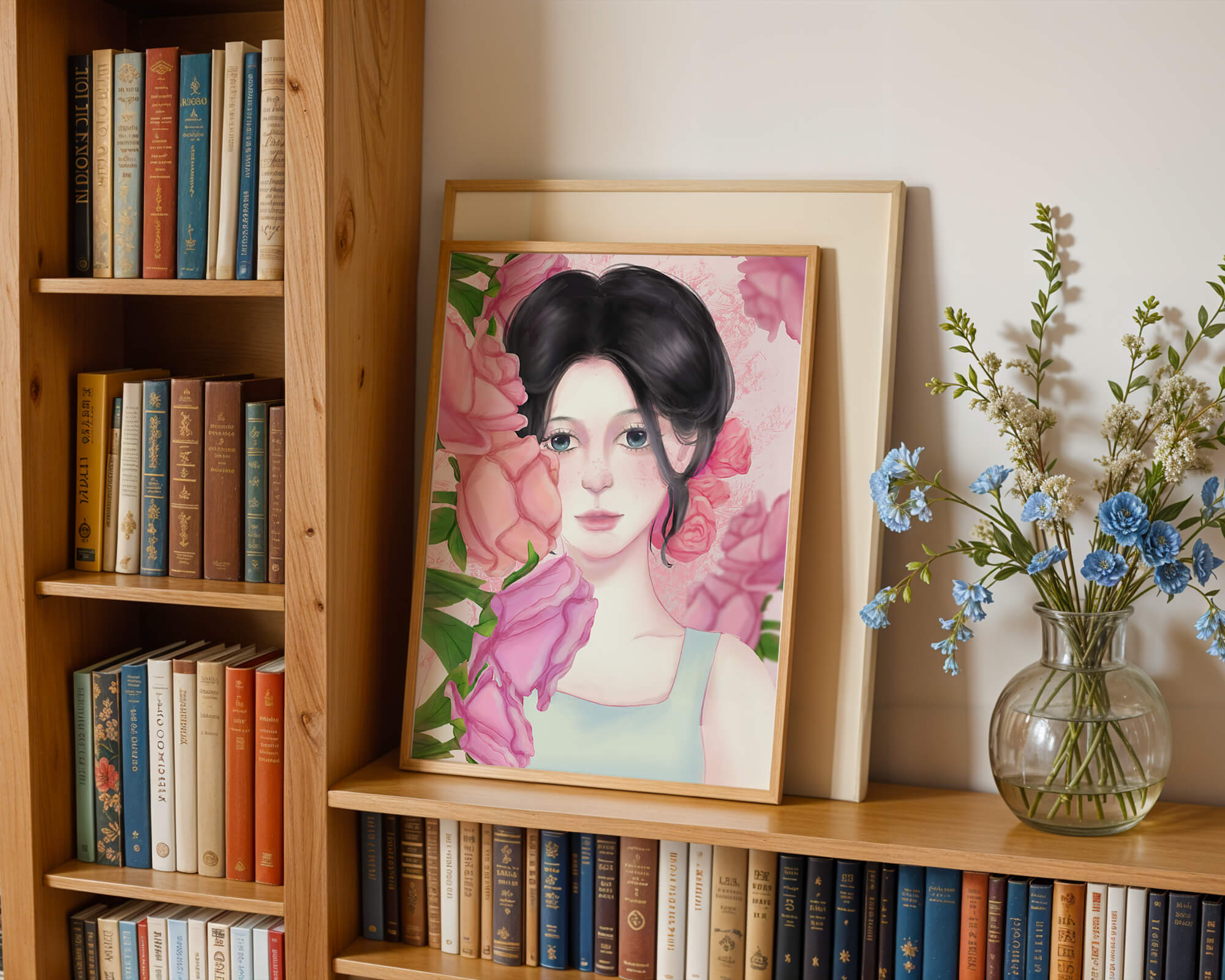 Illustration of a woman surrounded by pink roses