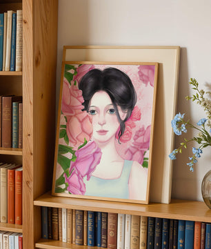 Illustration d'une femme entourée de roses roses