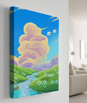 Serene landscape with rolling hills, stream, and vibrant sky