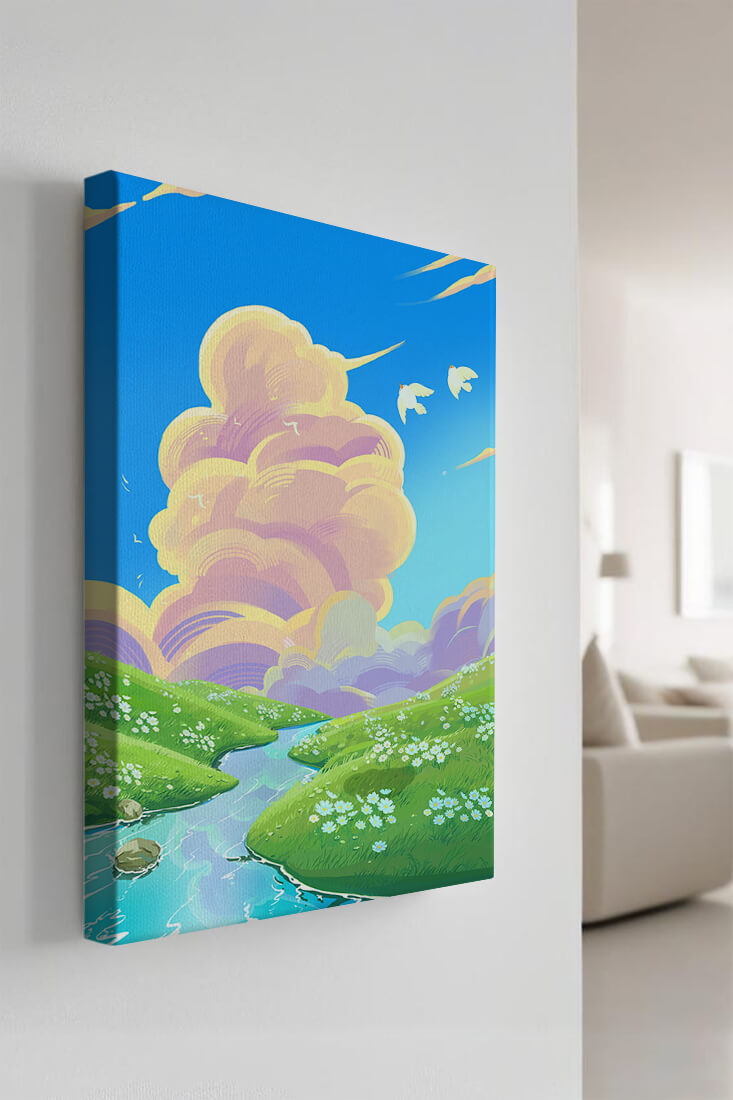 Serene landscape with rolling hills, stream, and vibrant sky