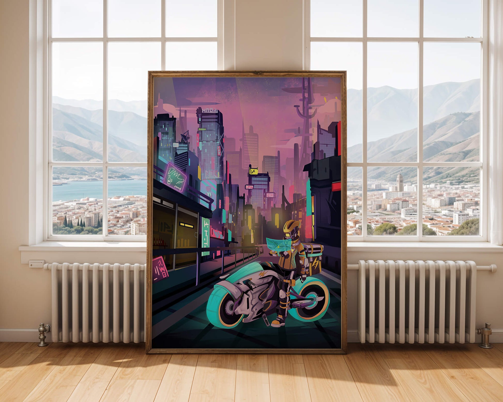 Futuristic Cyberpunk Cityscape with Neon Rider and Motorcycle