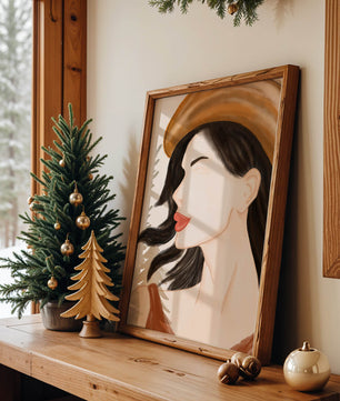 Stylized portrait of a woman in a hat with flowing hair