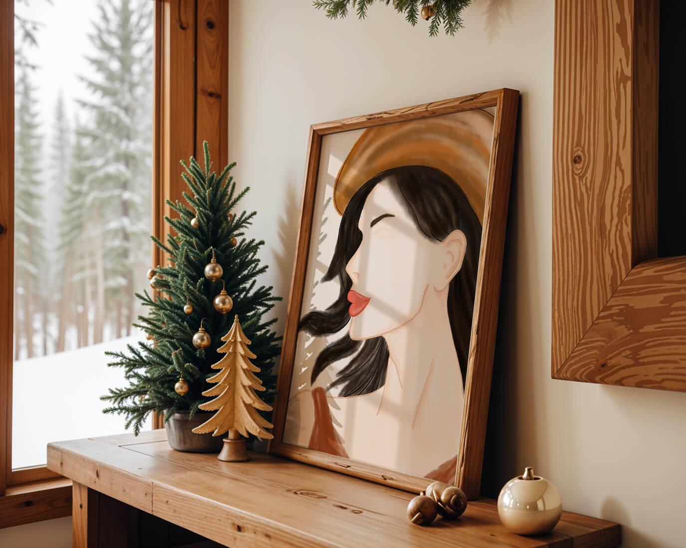Stylized portrait of a woman in a hat with flowing hair