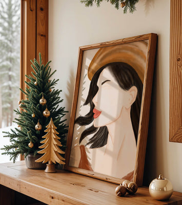 Stylized portrait of a woman in a hat with flowing hair