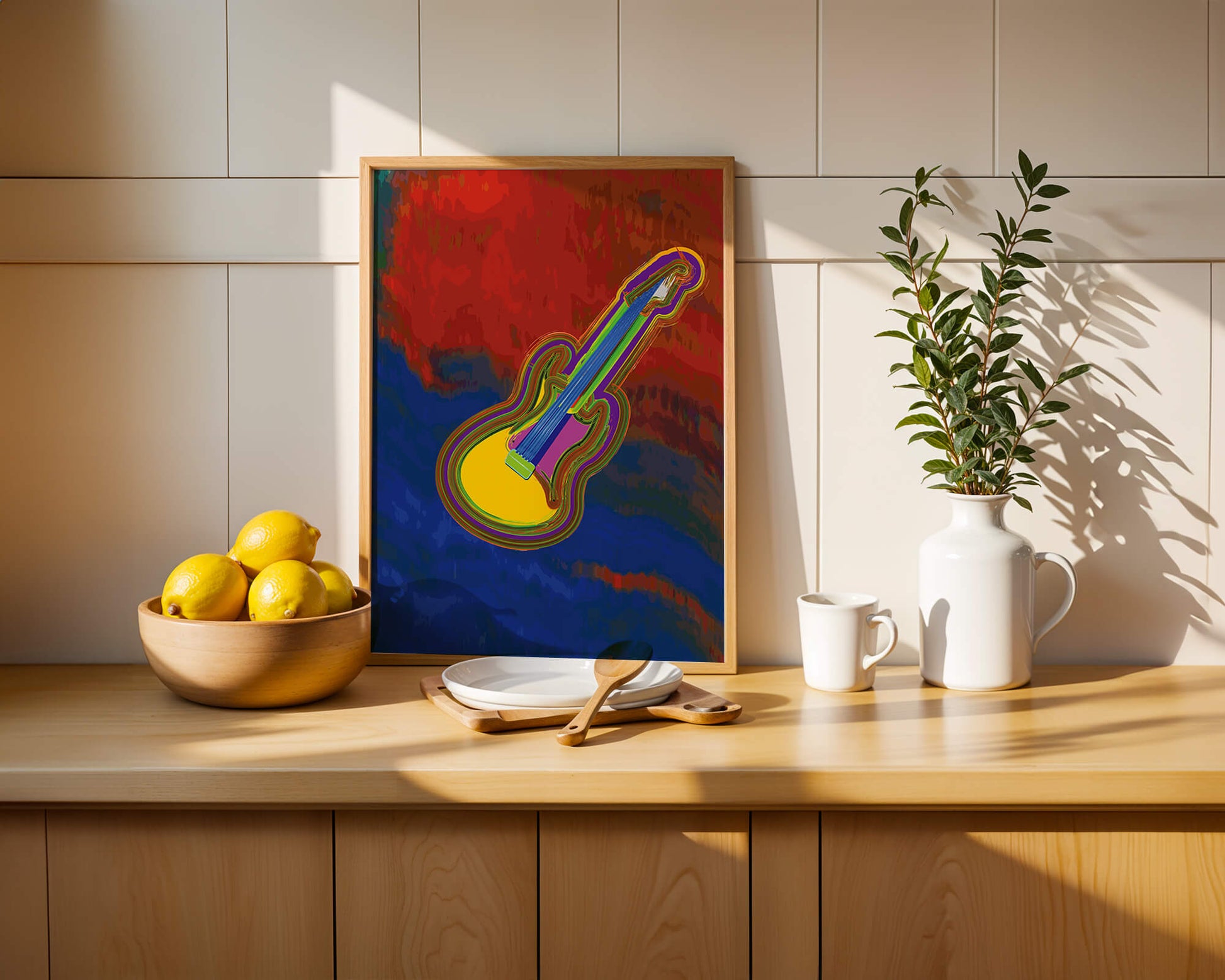 Vibrant abstract guitar illustration with bold colors