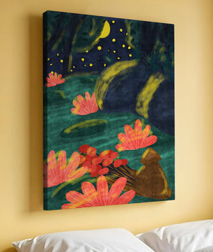 Mystical night garden with bright flowers and starlit sky