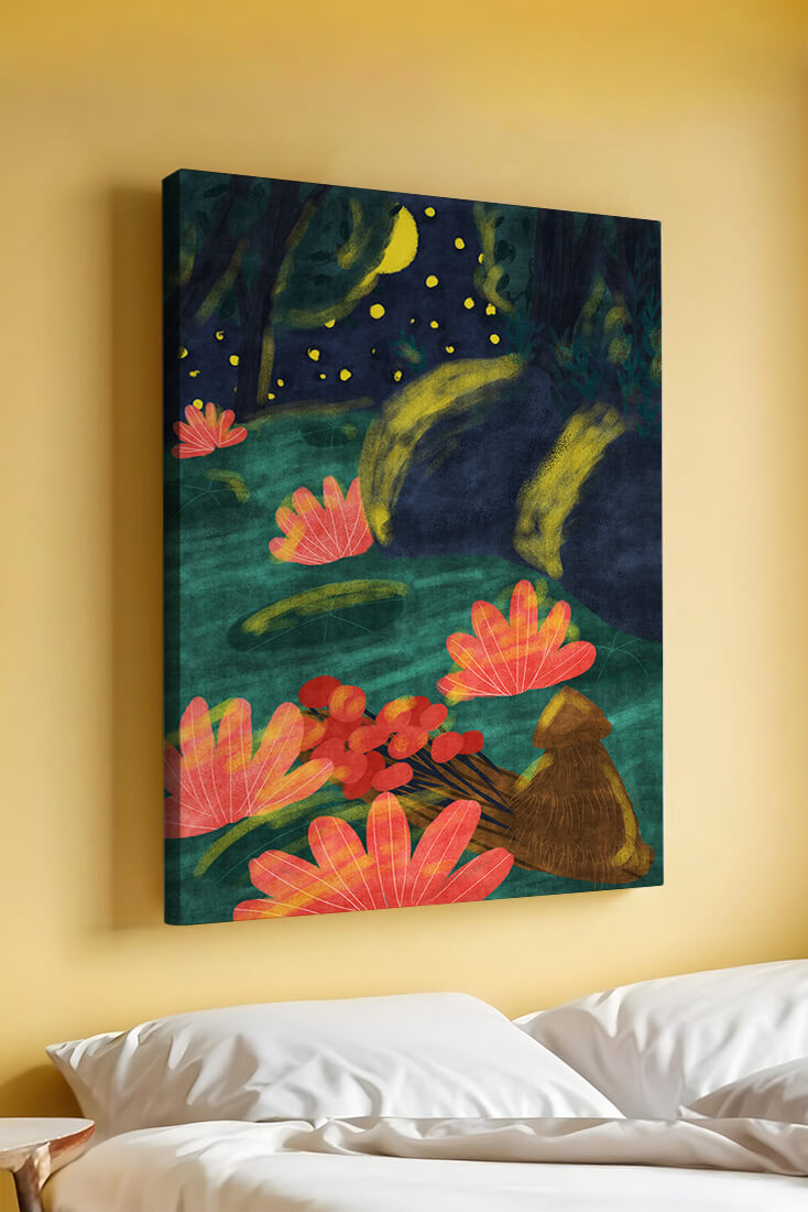 Mystical night garden with bright flowers and starlit sky