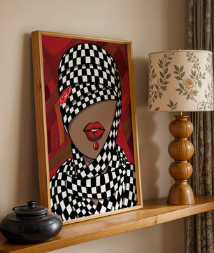Abstract Art of Woman with Checkered Pattern and Red Lips - Mi tienda