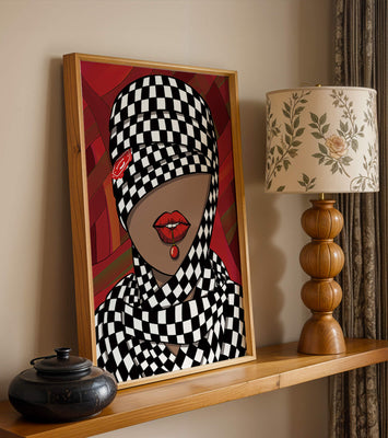 Abstract Art of Woman with Checkered Pattern and Red Lips