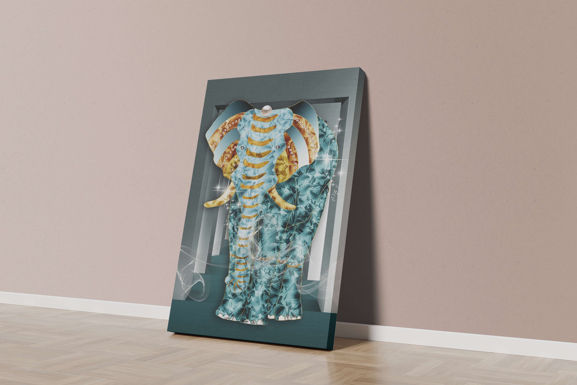 Elephant with Gold and Blue Textures in Surreal Geometric Background