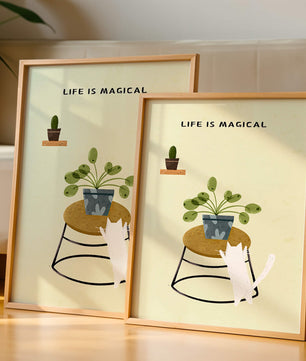 Ilustración encantadora de un gato con planta y mensaje inspirador