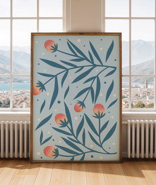 Abstract botanical pattern with colorful flowers and leaves on light blue background